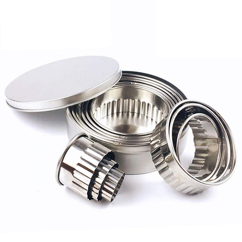 Miecux Stainless Steel Fluted Edge Round Cookie Biscuit Cutter Set 12 Pieces Graduated Ring Sizes - Image 1